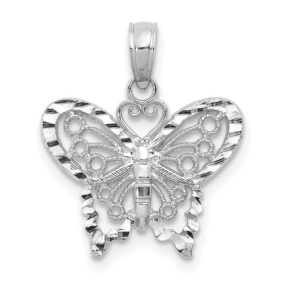 14K White Genuine Gold Diamond-cut Butterfly Necklace Charm Pendant